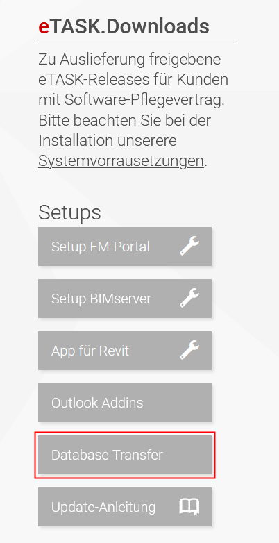 Screenshot Download-Button "Database Transfer"